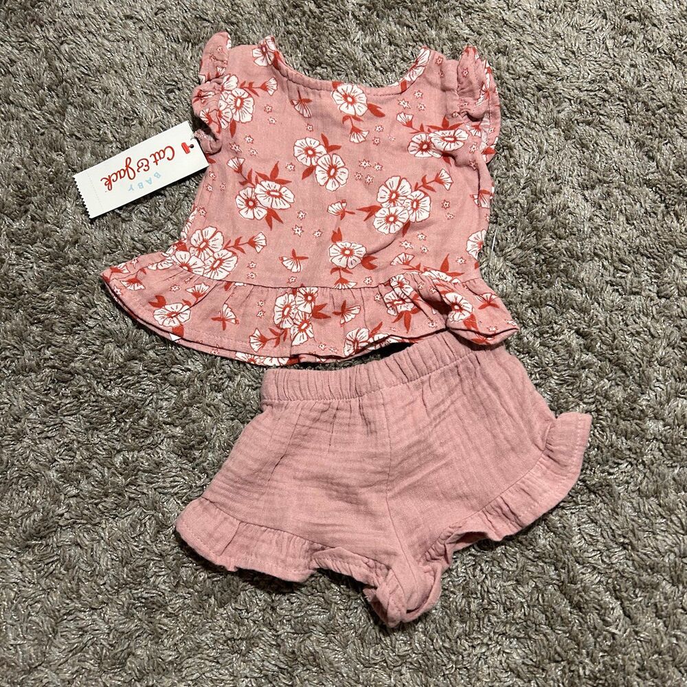 Cat & Jack Pink Floral Cotton Gauze two piece outfit NB
